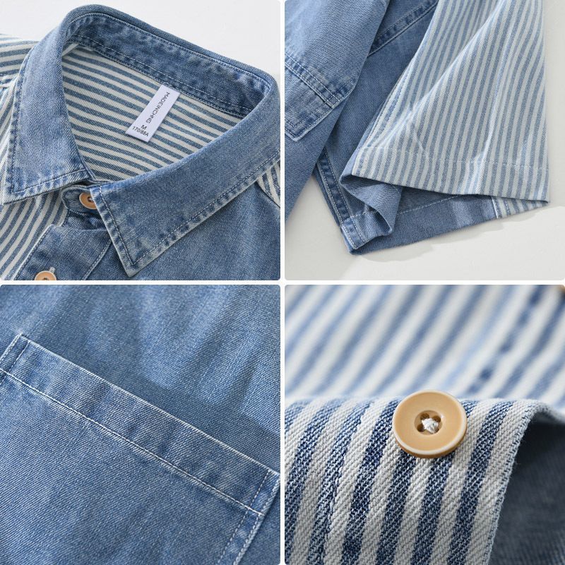 Design Sense Color Contrast Patchwork Striped Short Sleeve Shirt