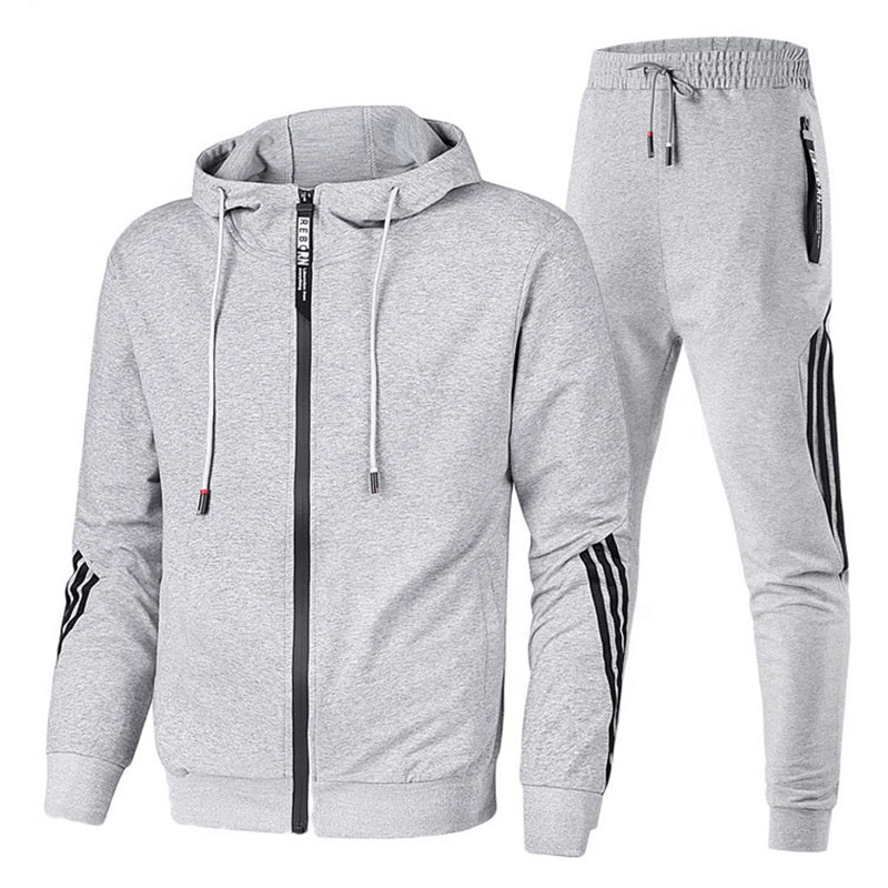 Men's Cotton Side Stripe Zipper Hooded Two Piece Set