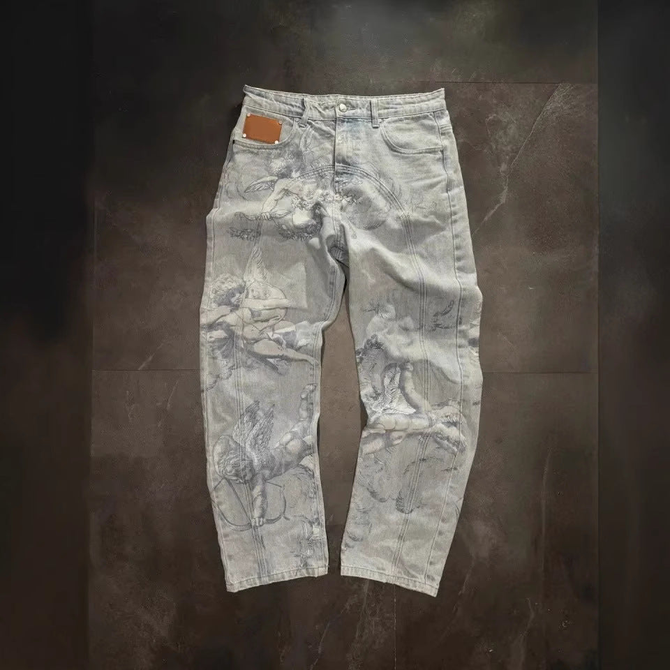 Casual All-match Graffiti Washed Worn Denim Pants