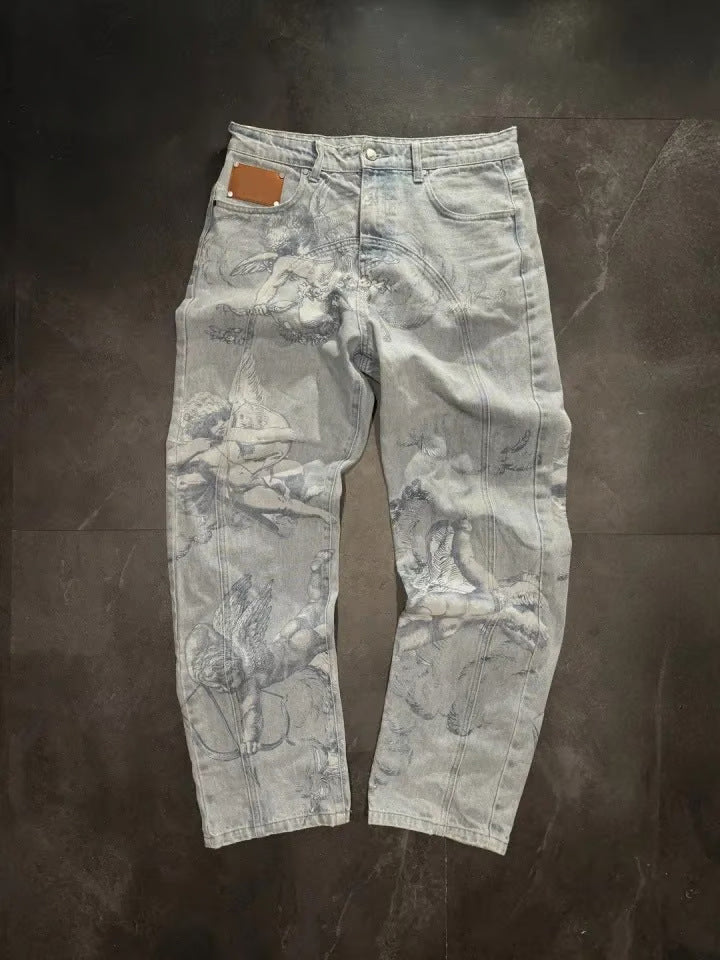 Casual All-match Graffiti Washed Worn Denim Pants