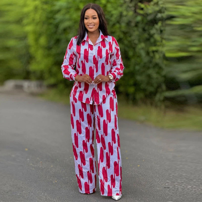 Casual Button Long Sleeved Shirt Wide Leg Pants Two Piece Set