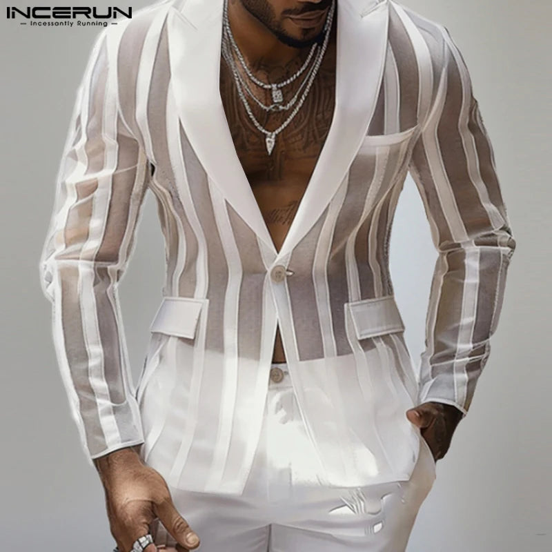 Handsome Men's Tops See-through Striped Suit Jackets