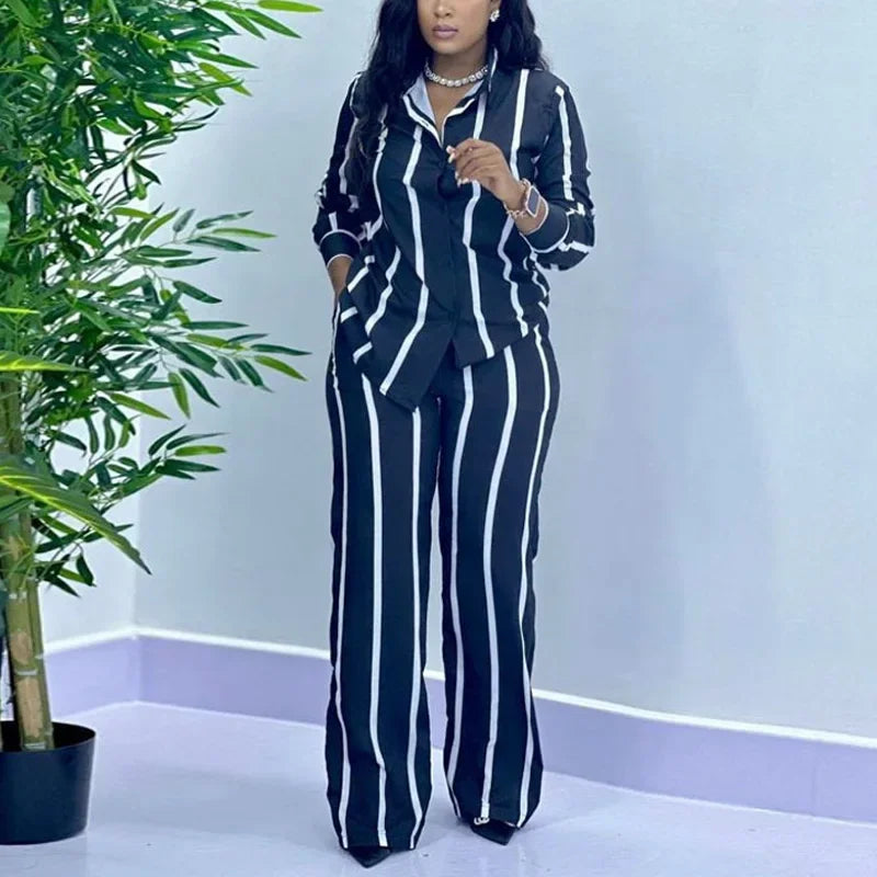 Casual Button Long Sleeved Shirt Wide Leg Pants Two Piece Set