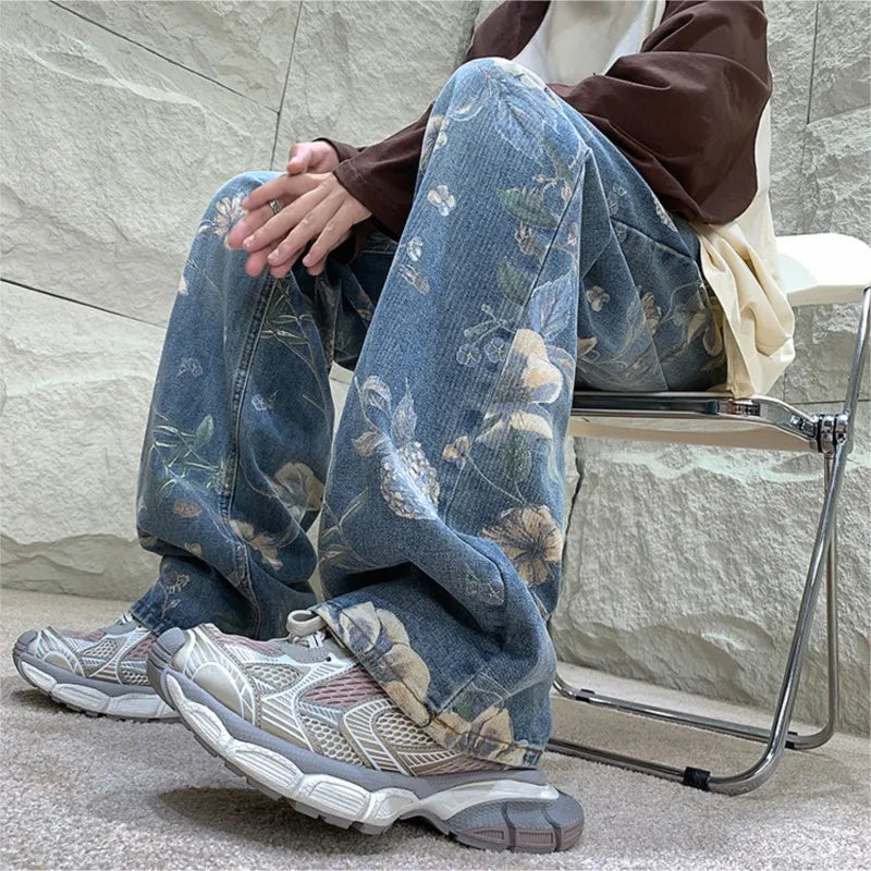 Men's Floral Denim Mopping Korean Style Pant