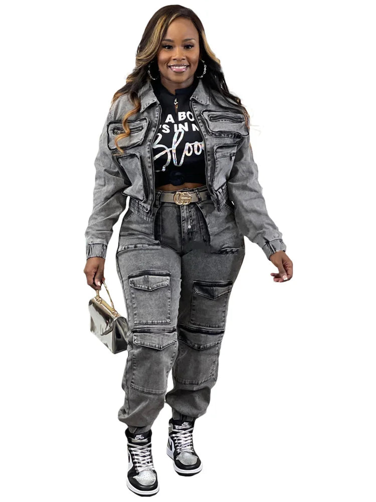 Women's Two-Piece Jean Cargo Pants Set