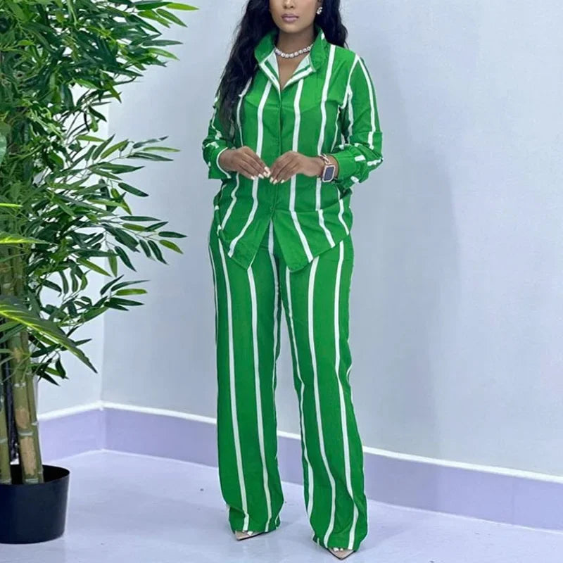 Casual Button Long Sleeved Shirt Wide Leg Pants Two Piece Set