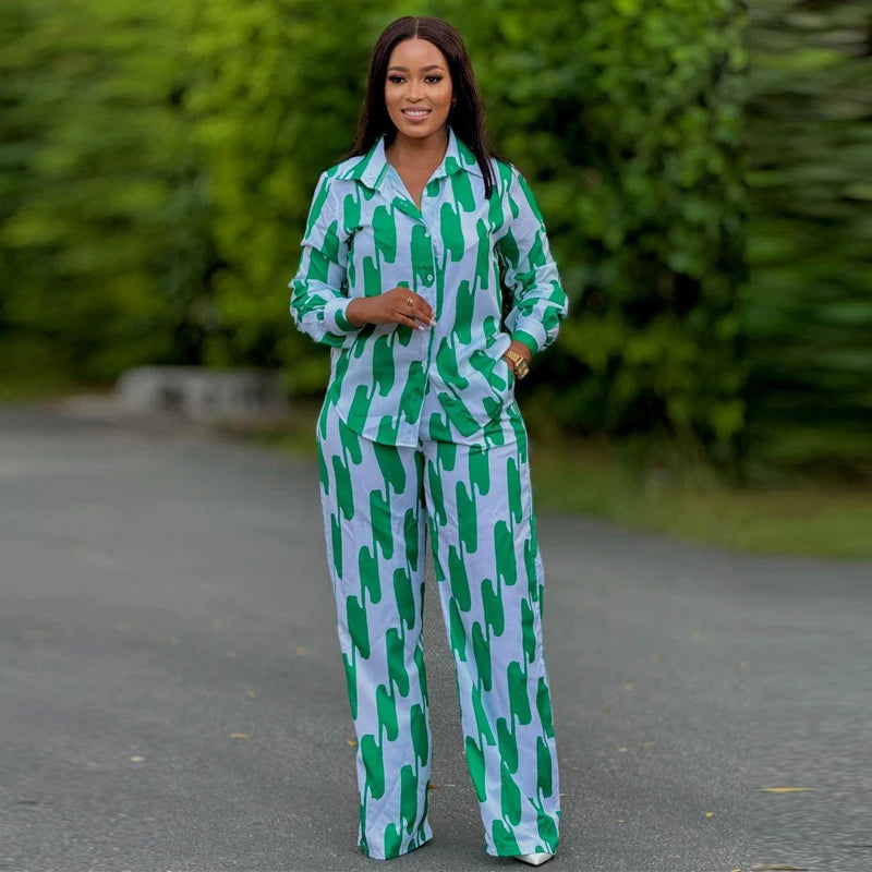 Casual Button Long Sleeved Shirt Wide Leg Pants Two Piece Set