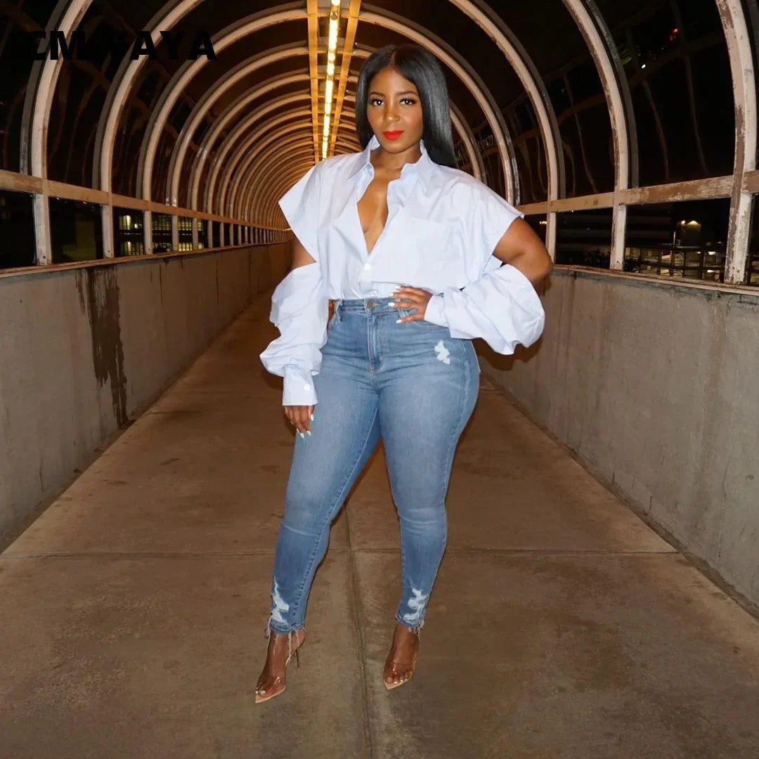 Women's Cut Out Sleeve White Blouse
