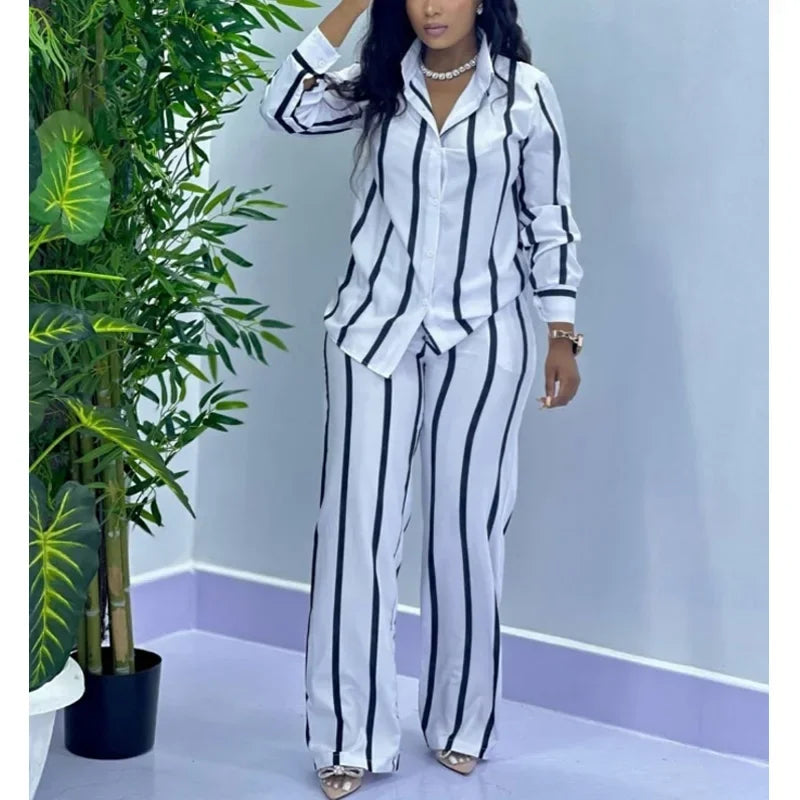 Casual Button Long Sleeved Shirt Wide Leg Pants Two Piece Set