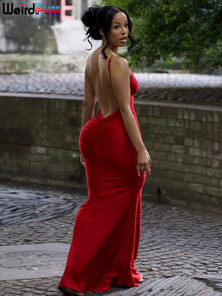 Women's Weird Puss Sexy Backless Evening Maxi Dress