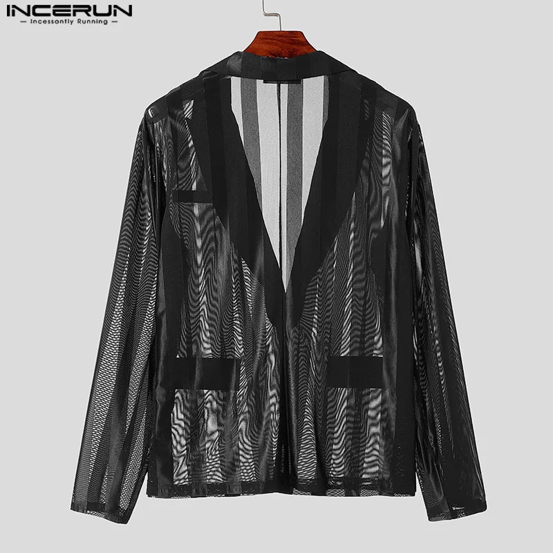 Handsome Men's Tops See-through Striped Suit Jackets
