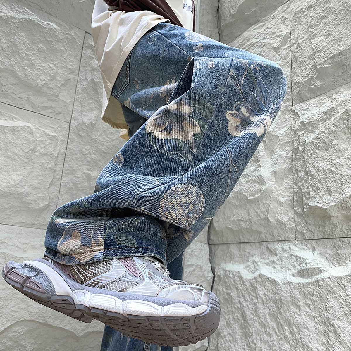 Men's Floral Denim Mopping Korean Style Pant