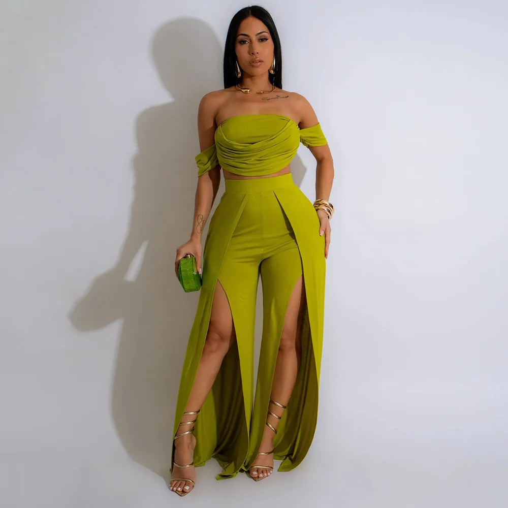 Women's Short Sleeve Slash Neck Ruched Tops and Wide Leg Split Pants