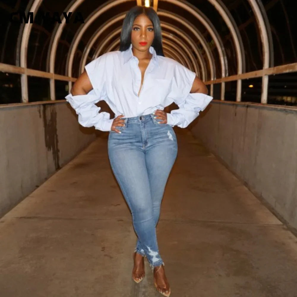 Women's Cut Out Sleeve White Blouse