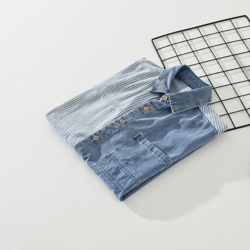 Design Sense Color Contrast Patchwork Striped Short Sleeve Shirt