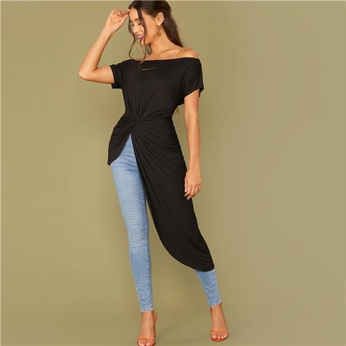 Women's Black Off Shoulder Asymmetrical Hem Bardot Top
