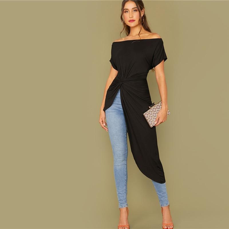 Women's Black Off Shoulder Asymmetrical Hem Bardot Top
