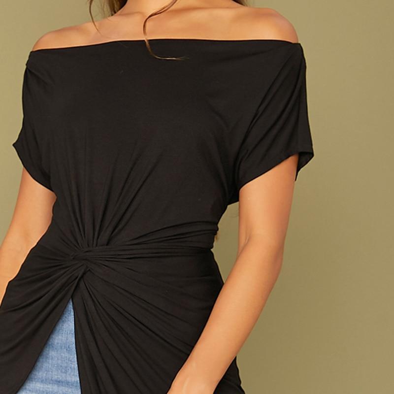Women's Black Off Shoulder Asymmetrical Hem Bardot Top