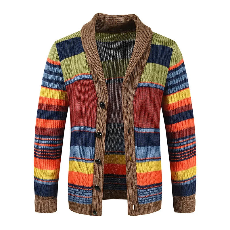 V-Neck Collar Cardigan Sweater Slim Fit Cable Knit Patchwork