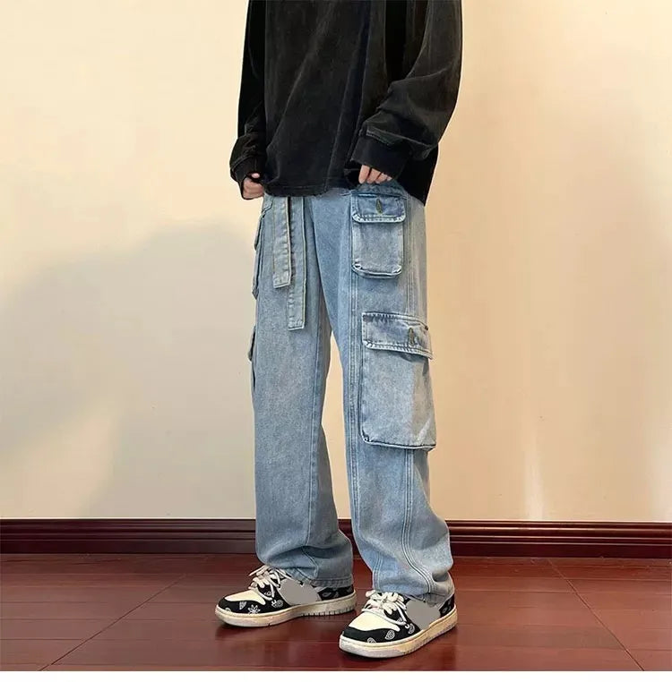 Men Jeans Wide Leg Denim Pant Loose Straight Baggy