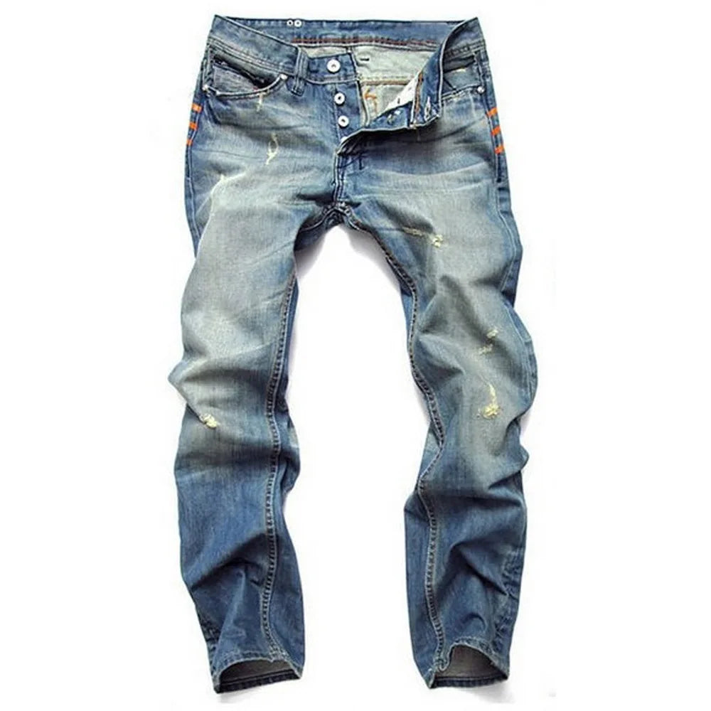 Ripped Denim Jeans for Men Straight Slim