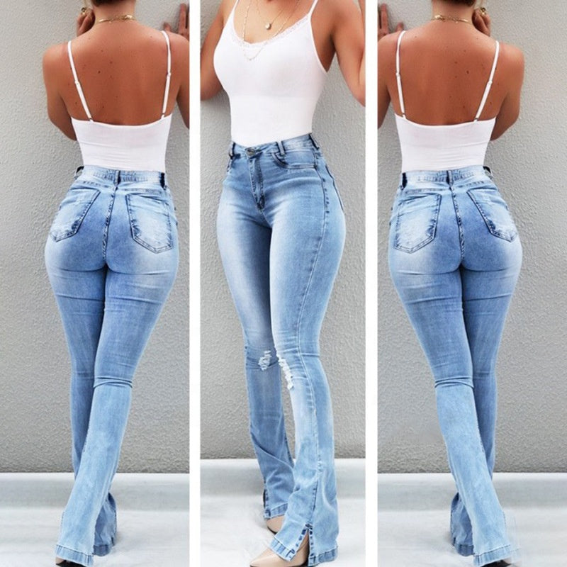 Ladies Bell Bottom Flared Jeans Plus Size Pants High Waisted Skinny Denim Jeans Stretchy Tight Flare Jeans Women