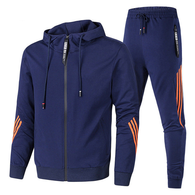 XLL-Sport Wear Tracksuit Joggers Men Cotton Side Stripe Zipper Hooded Two Piece Set