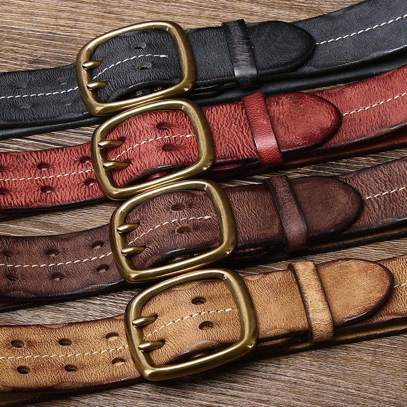 Vintage Men's 3.8cm Wide Double Breasted Belt 100% Cowhide Double Prong Buckle Handmade Heavy Duty Belt Fashion Jeans Belt Brown