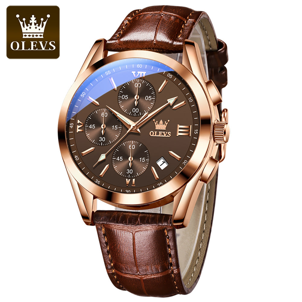 OLEVS 2872 Luxury Three-Eye Belt Quartz Watch Stainless Steel Back Custom Wholesale China Men Watch