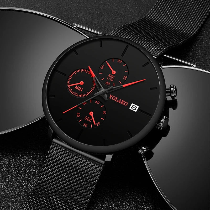 Reloj Hombre Mens Fashion Watches Stainless Steel Mesh Belt Calendar Quartz Watch Men Business Casual Clock Relogio Masculino