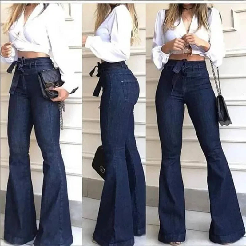 Denim Tie Waist Flare Jeans Boyfriend