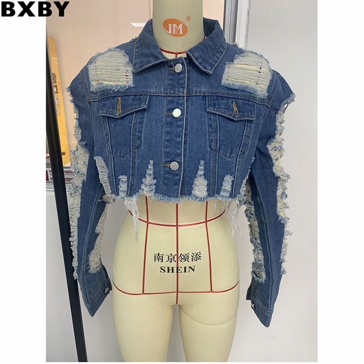 BXBY High Quality Women Sexy Jean Jackets Short Denim Fashion Jeans Tops Holes Long Sleeve Casual Jeans Jacket With Patches