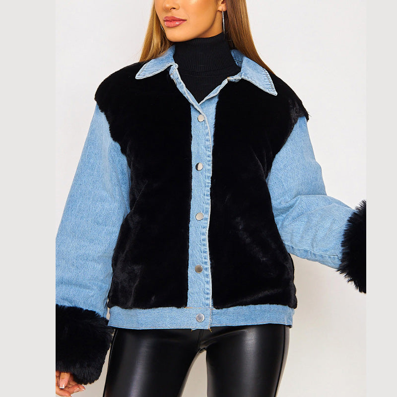 Plush Denim Stitching Autumn Jeans Oversize Winter Jackets