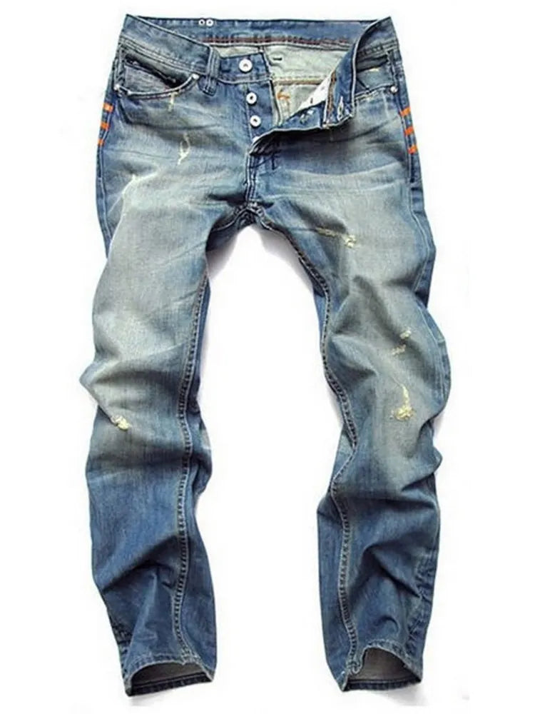 Ripped Denim Jeans for Men Straight Slim