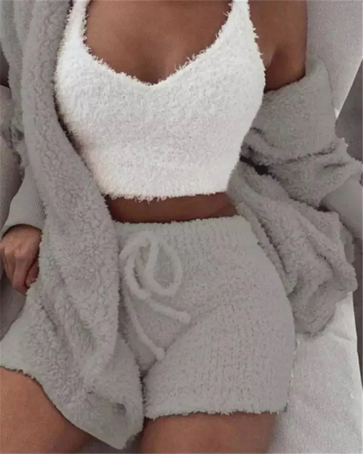 Plus Size Pajama Sets Three Piece Suits Hooded Sleepwear Womens Faux Fur Fluffy Warm Pajamas Short Set