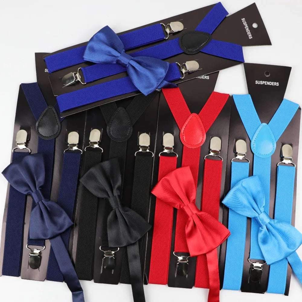 Solid Color Man's Belt Bowtie Set Men Women Suspenders Polyester Y-Back Braces Two Colors Bow Tie Adjustable Elastic