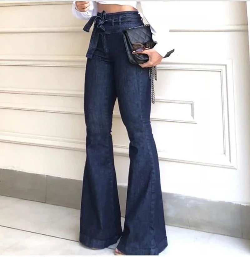 Denim Tie Waist Flare Jeans Boyfriend