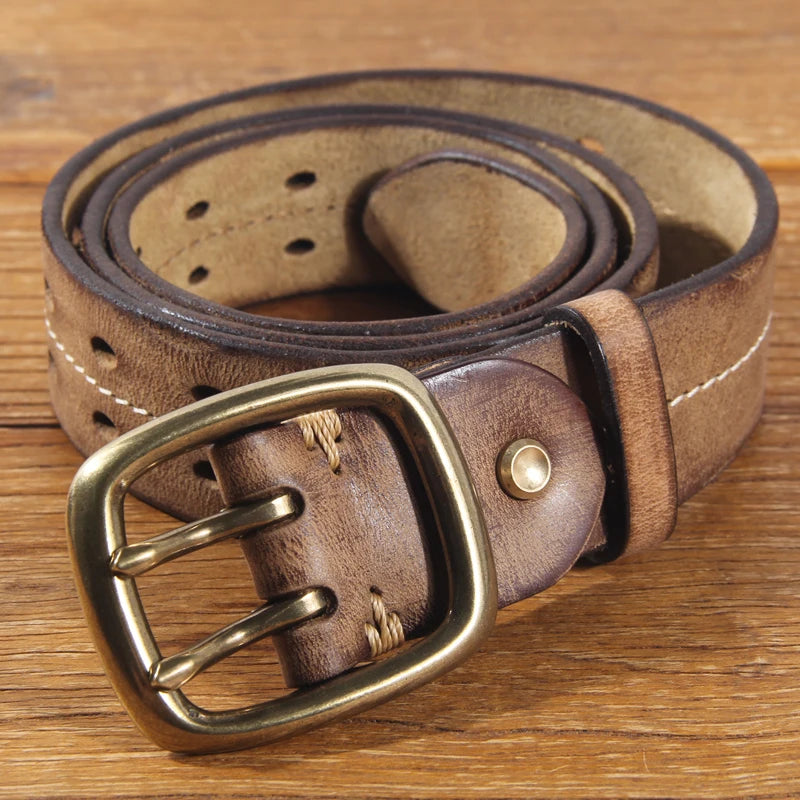 Vintage Men's 3.8cm Wide Double Breasted Belt 100% Cowhide Double Prong Buckle Handmade Heavy Duty Belt Fashion Jeans Belt Brown