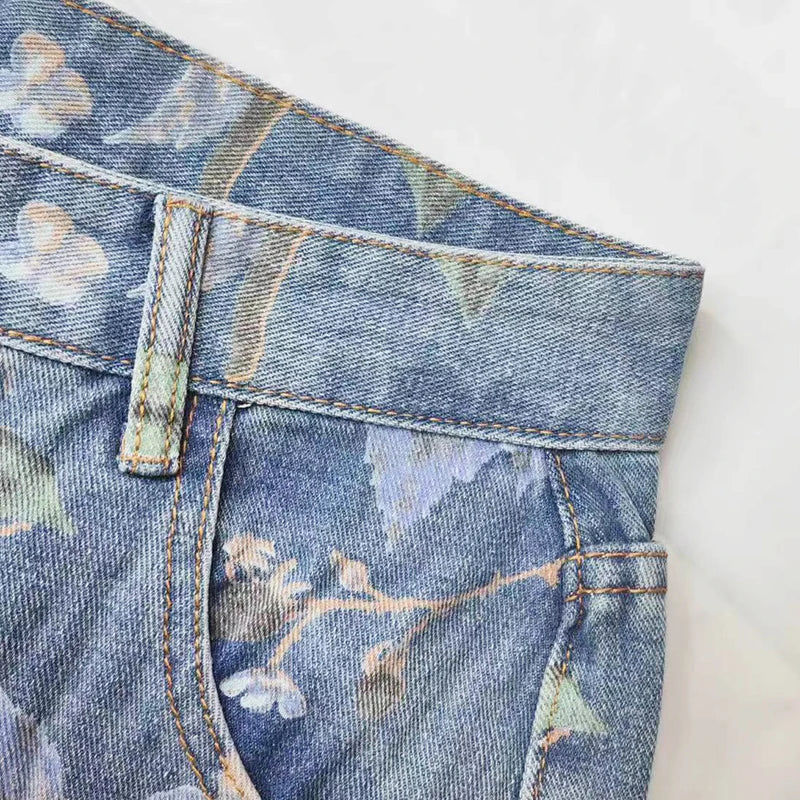 Floral Denim Mopping Trousers Korean Style High Street