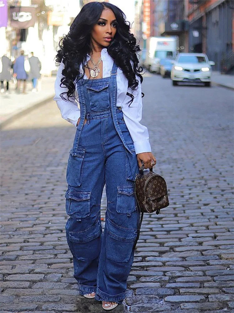 Wmstar Women Jumpsuit Fashion Rompers Streetwear Sleeveless Denim Vintage Loose Jeans Overalls Pockets Wide Leg Female Pants