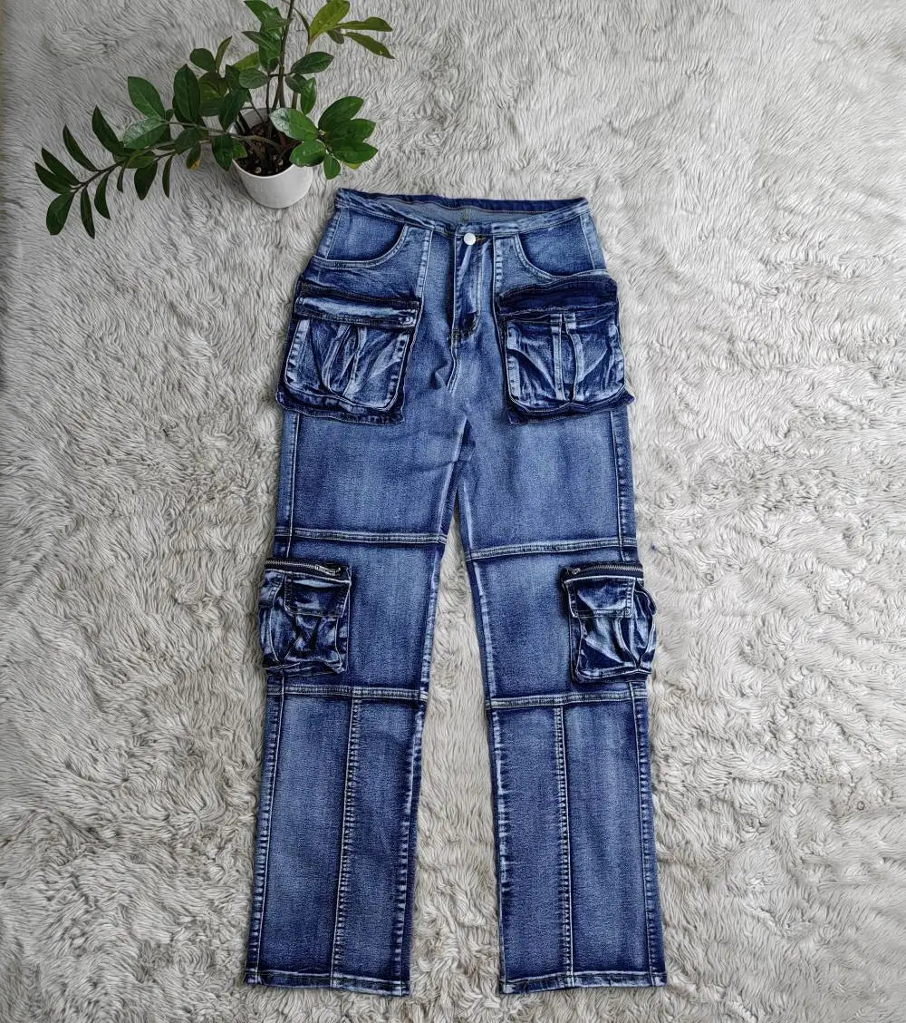 Wide Leg Denim Boyfriend Cargo Jeans