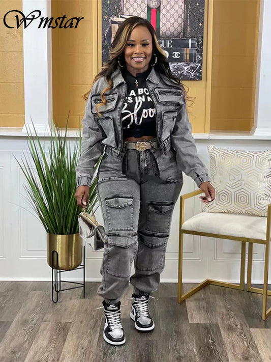 Two Piece Set Women Jacket Coat Top Jeans Cargo Pants