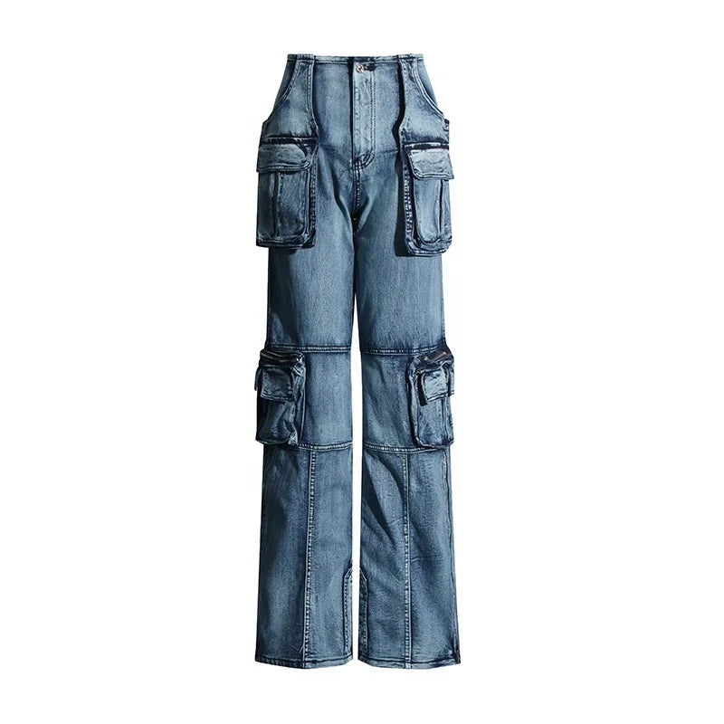 OUDINA Hotselling Clothing Vintage Multi-Pocket Zipper  Skinny Straight Denim Pants Mujer Women Jean Cargo Women's Jeans