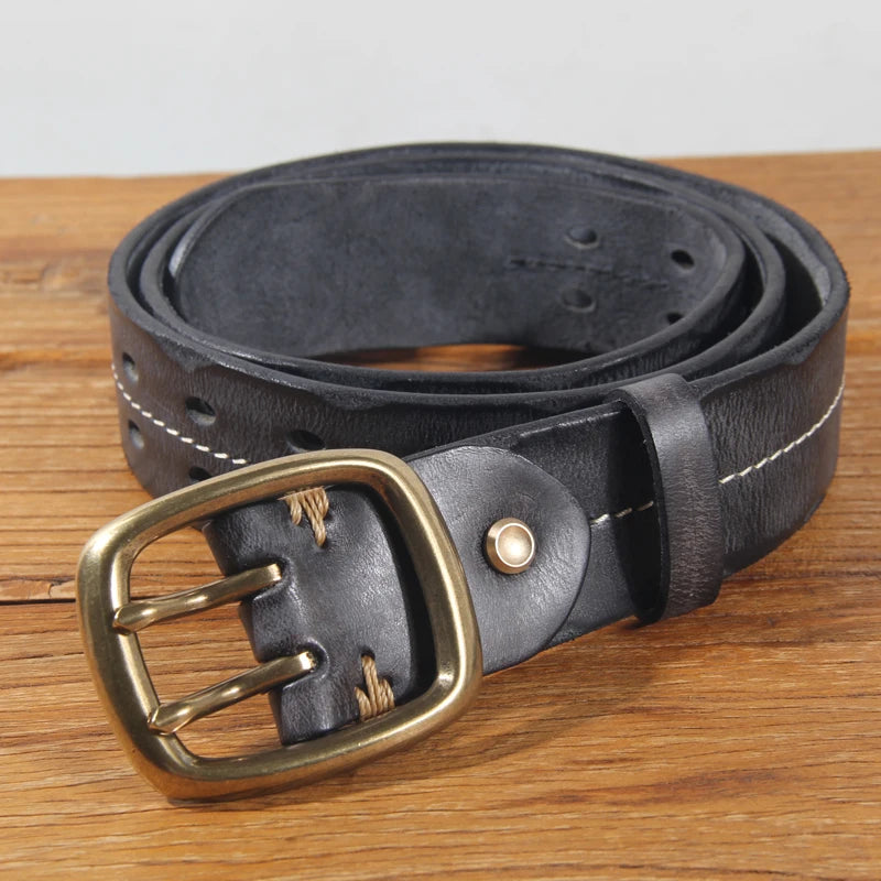 Vintage Men's 3.8cm Wide Double Breasted Belt 100% Cowhide Double Prong Buckle Handmade Heavy Duty Belt Fashion Jeans Belt Brown