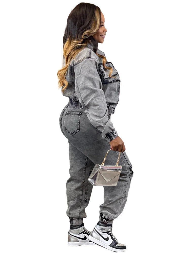 Two Piece Set Women Jacket Coat Top Jeans Cargo Pants