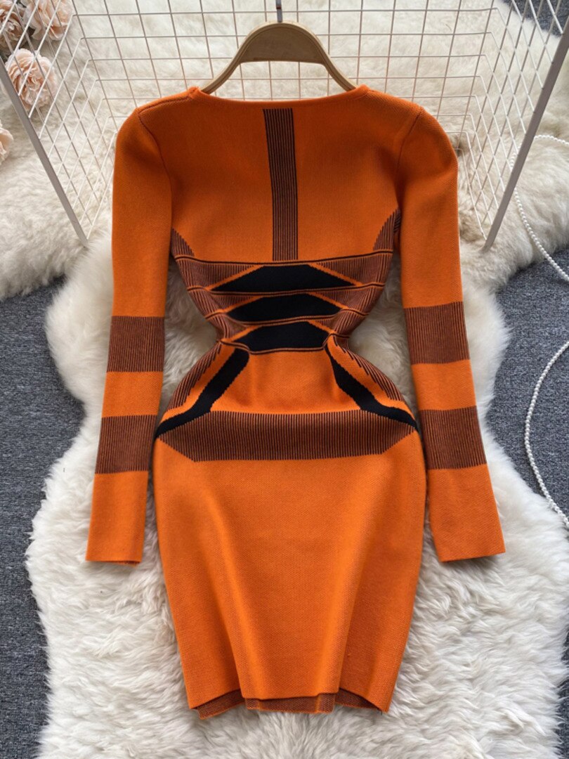 Casual Women Autumn Winter Sweater Dress Color Match Geometric Slim St