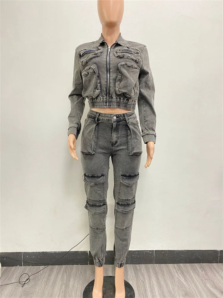 Two Piece Set Women Jacket Coat Top Jeans Cargo Pants