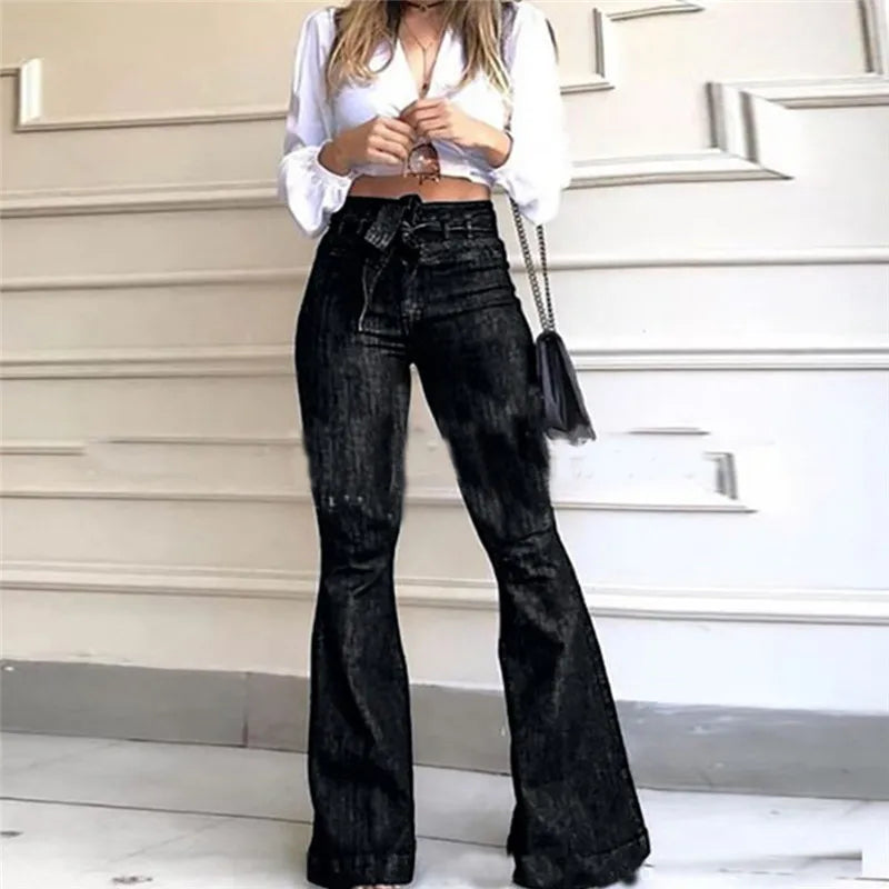 Denim Tie Waist Flare Jeans Boyfriend