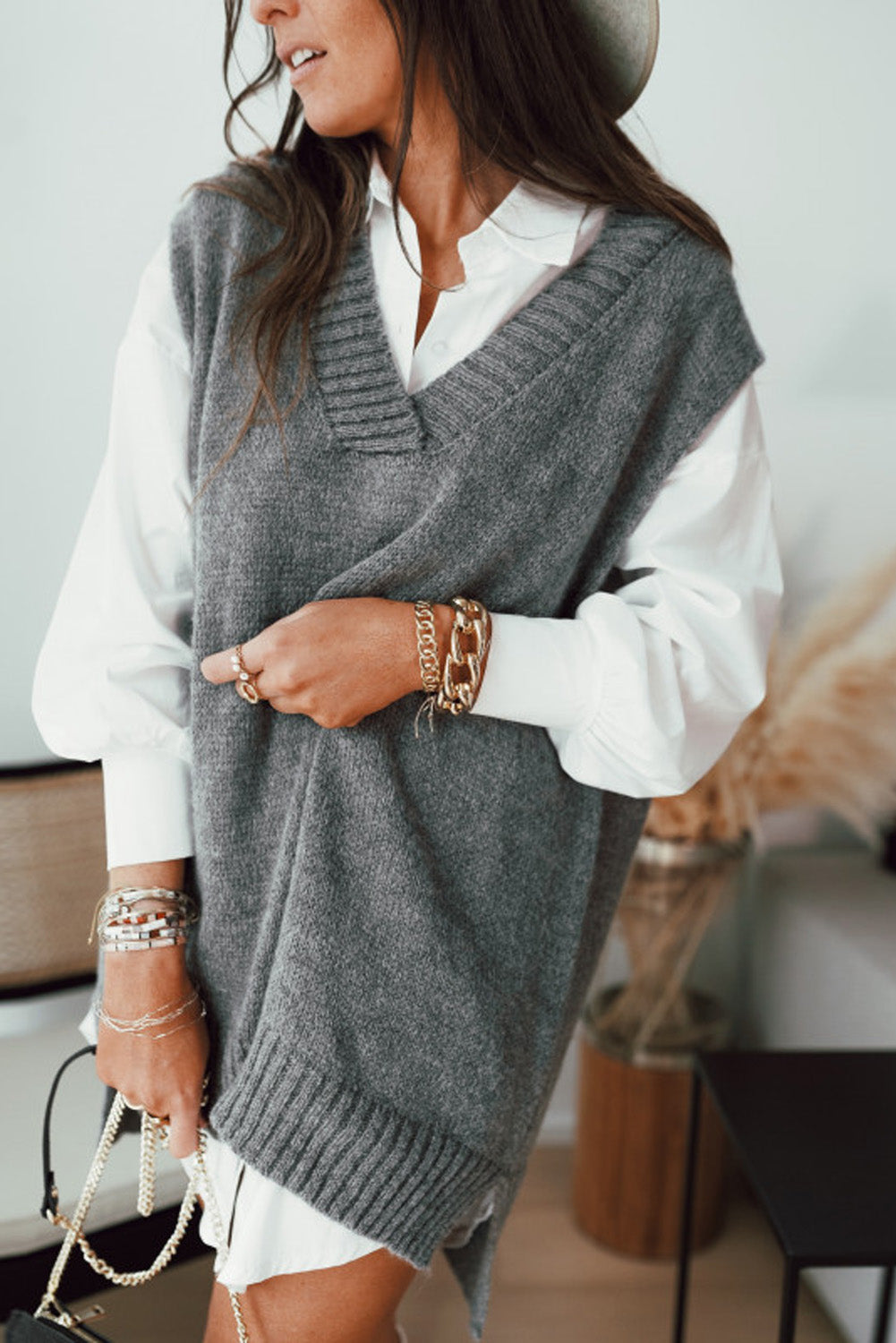 Gray Knit Vest Pullover Sweater