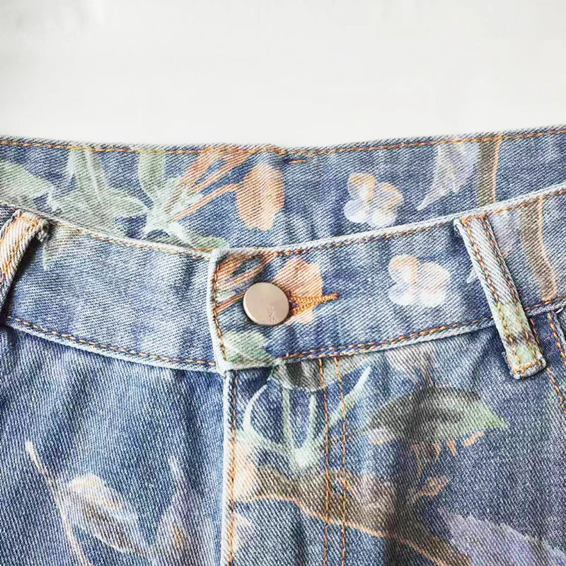 Floral Denim Mopping Trousers Korean Style High Street